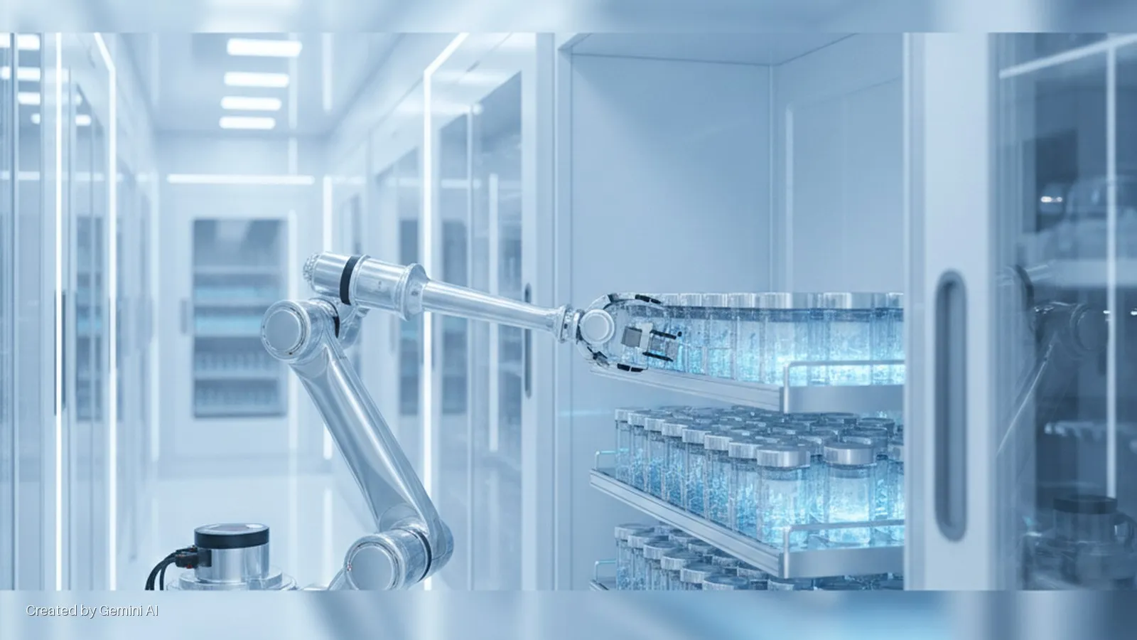A robotic arm extends into a brightly lit, sterile laboratory refrigerator, organizing rows of glowing blue liquid vials on metal shelves.
