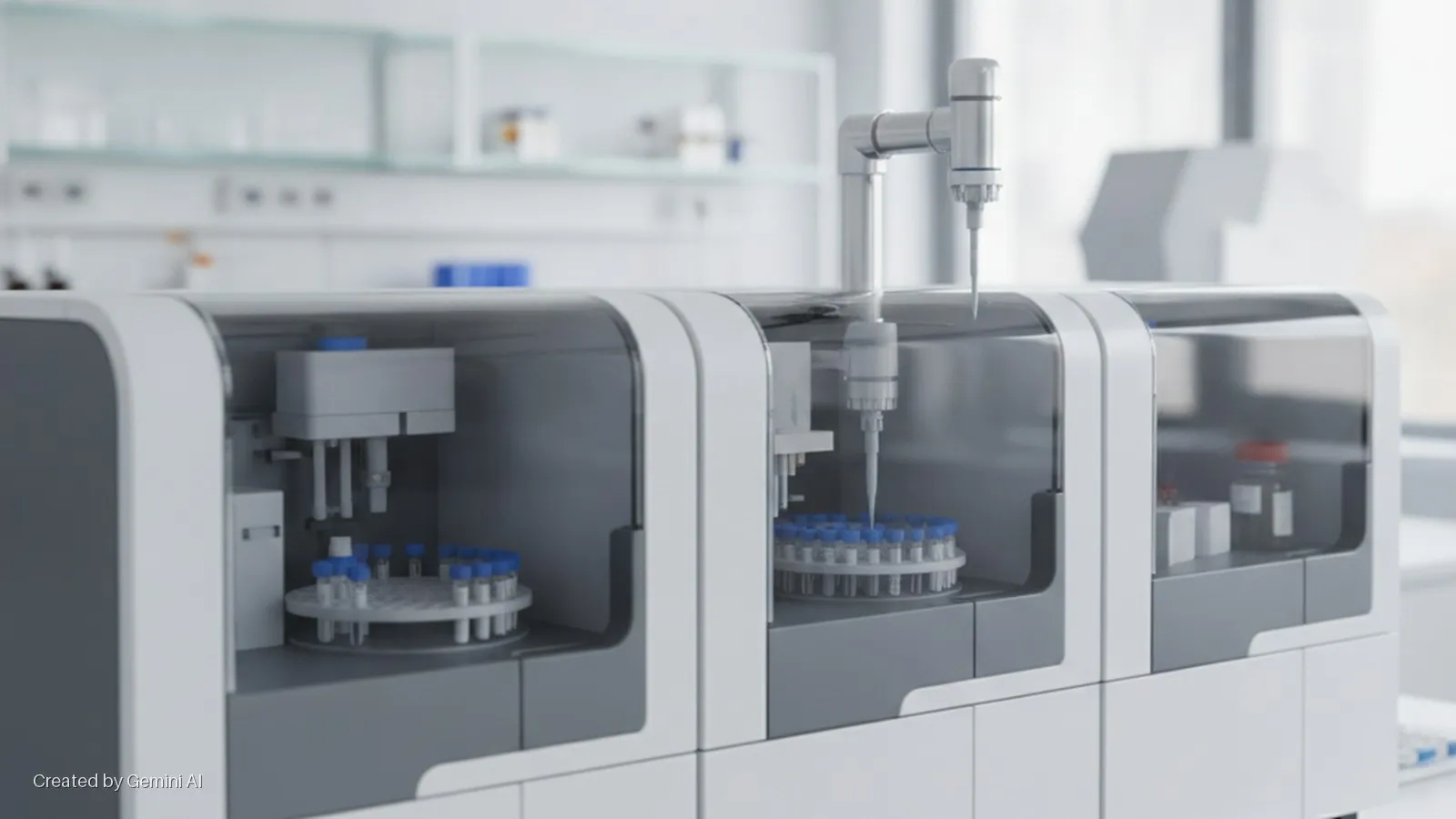 White and grey laboratory automation system with robotic pipetting arms, test tube racks, and reagent vials under bright, diffused lighting in a modern laboratory.
