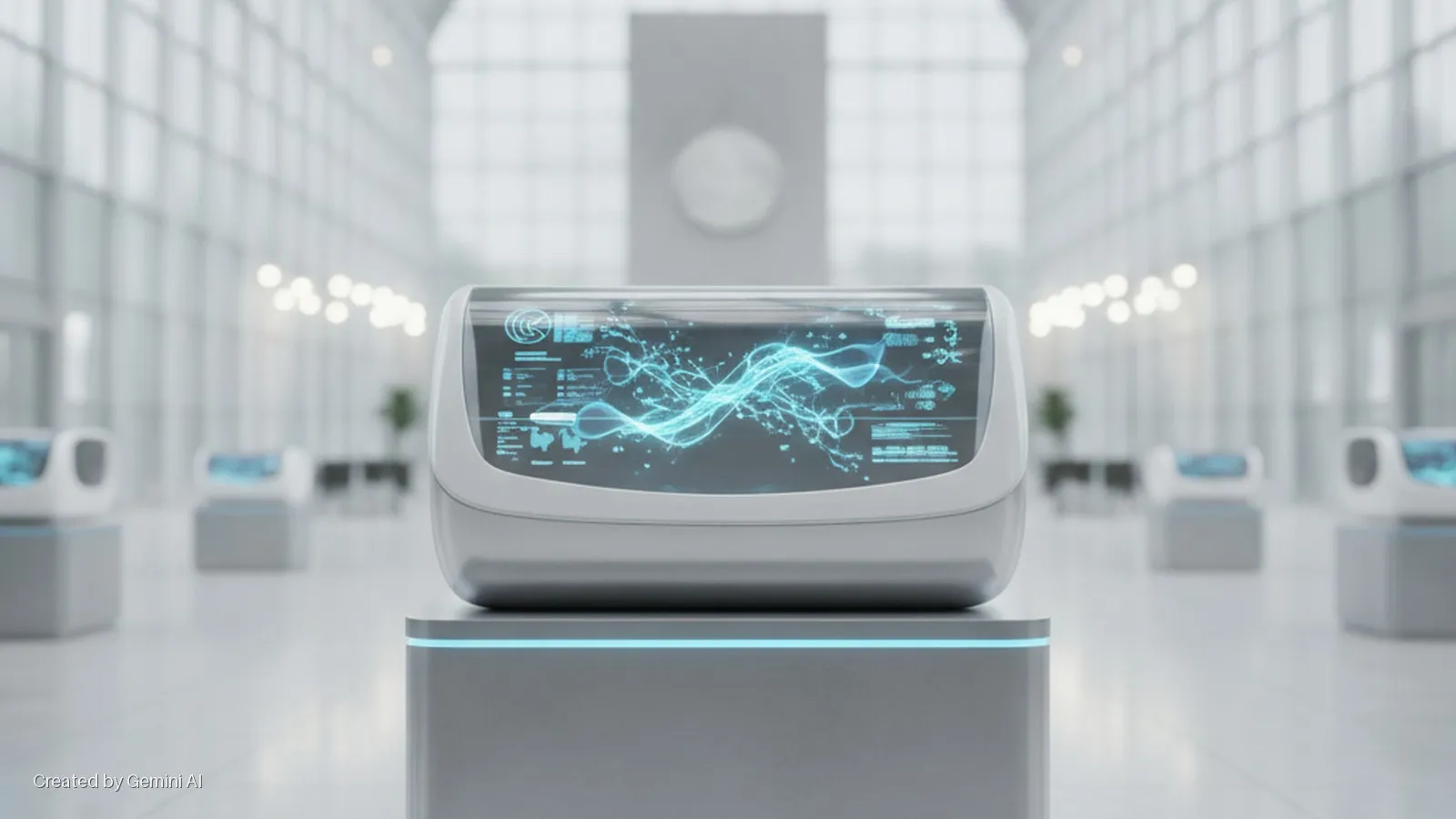A sleek, rectangular display unit with a transparent top shows a glowing blue abstract pattern and data on a grey pedestal with a blue light band, in a bright, modern, white-walled hall with large windows and other similar units in the back