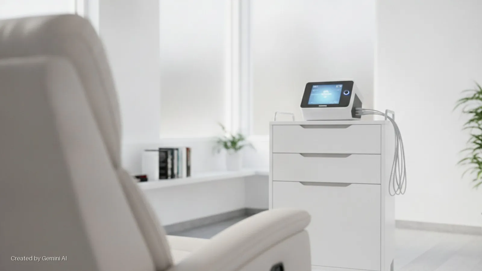 A brightly lit, minimalist medical room features a blurred white treatment chair in the foreground, a medical device with hanging tubes on a three-drawer cabinet, and a window with a plant and books in the background.