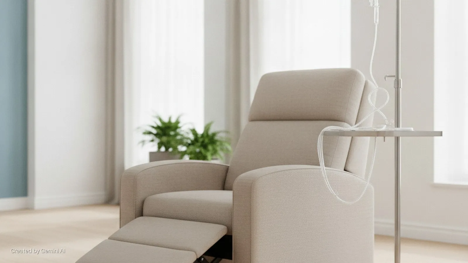 A beige reclining armchair sits in a bright room beside a silver IV pole with clear tubing draped over its attached shelf, with blurred green plants and distant windows in the background.