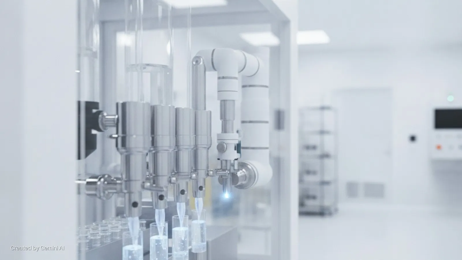 A robotic liquid handling system with multiple silver nozzles dispenses a glowing blue liquid into clear vials within a brightly lit, sterile cleanroom.