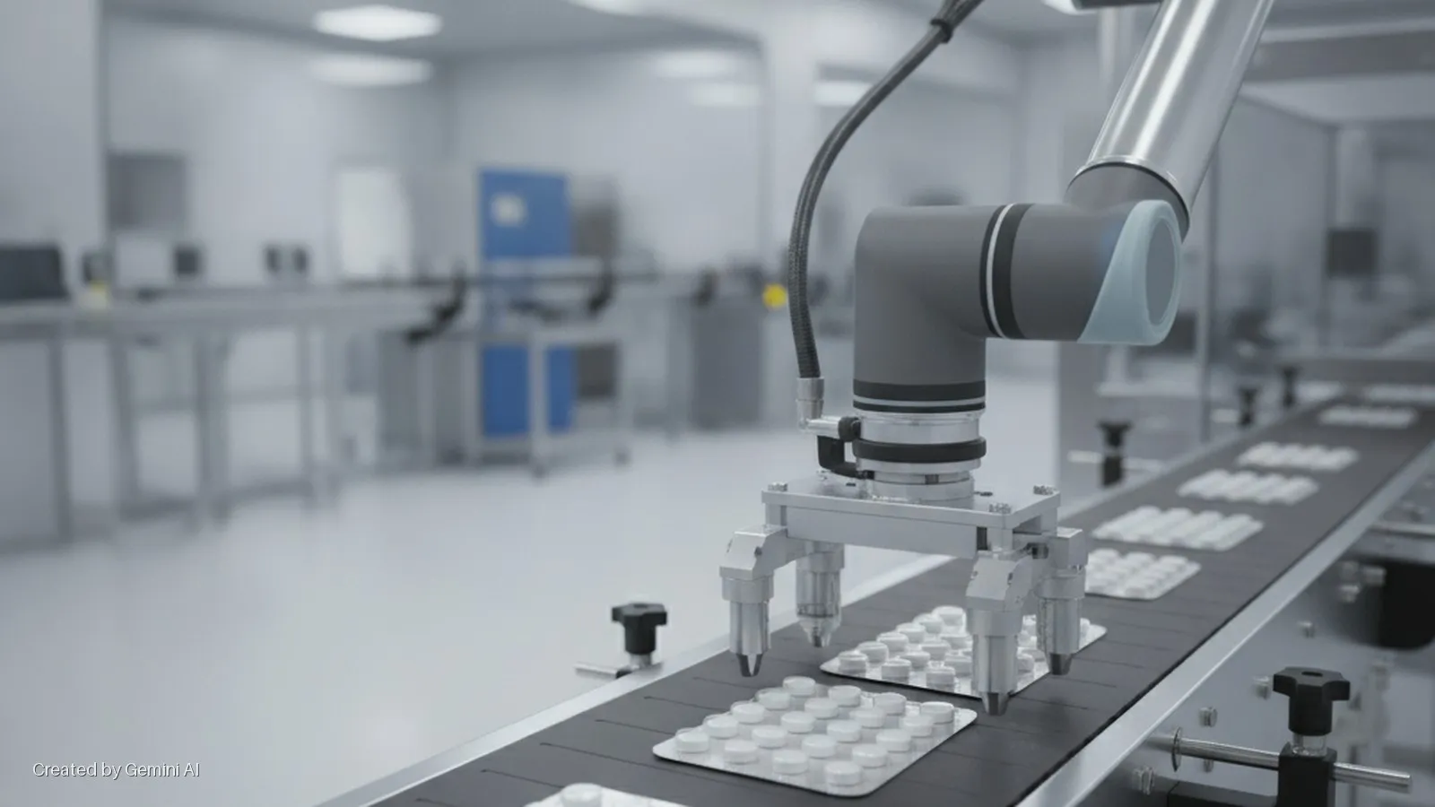 A robotic arm places blister packs of white pills onto a conveyor belt in a brightly lit, sterile pharmaceutical manufacturing facility with tables and blue cabinets visible in the background.