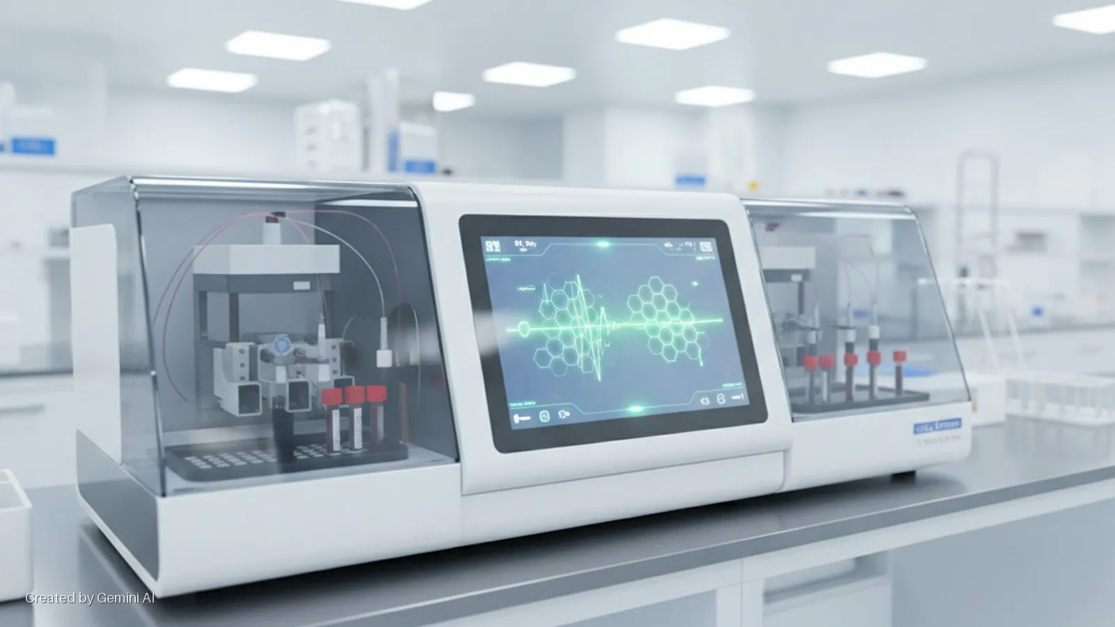 A modern white automated laboratory analyzer with a clear casing displays a green waveform and hexagonal molecular patterns on its screen, holding red-capped test tubes and robotic components on a counter in a brightly lit, clean lab.