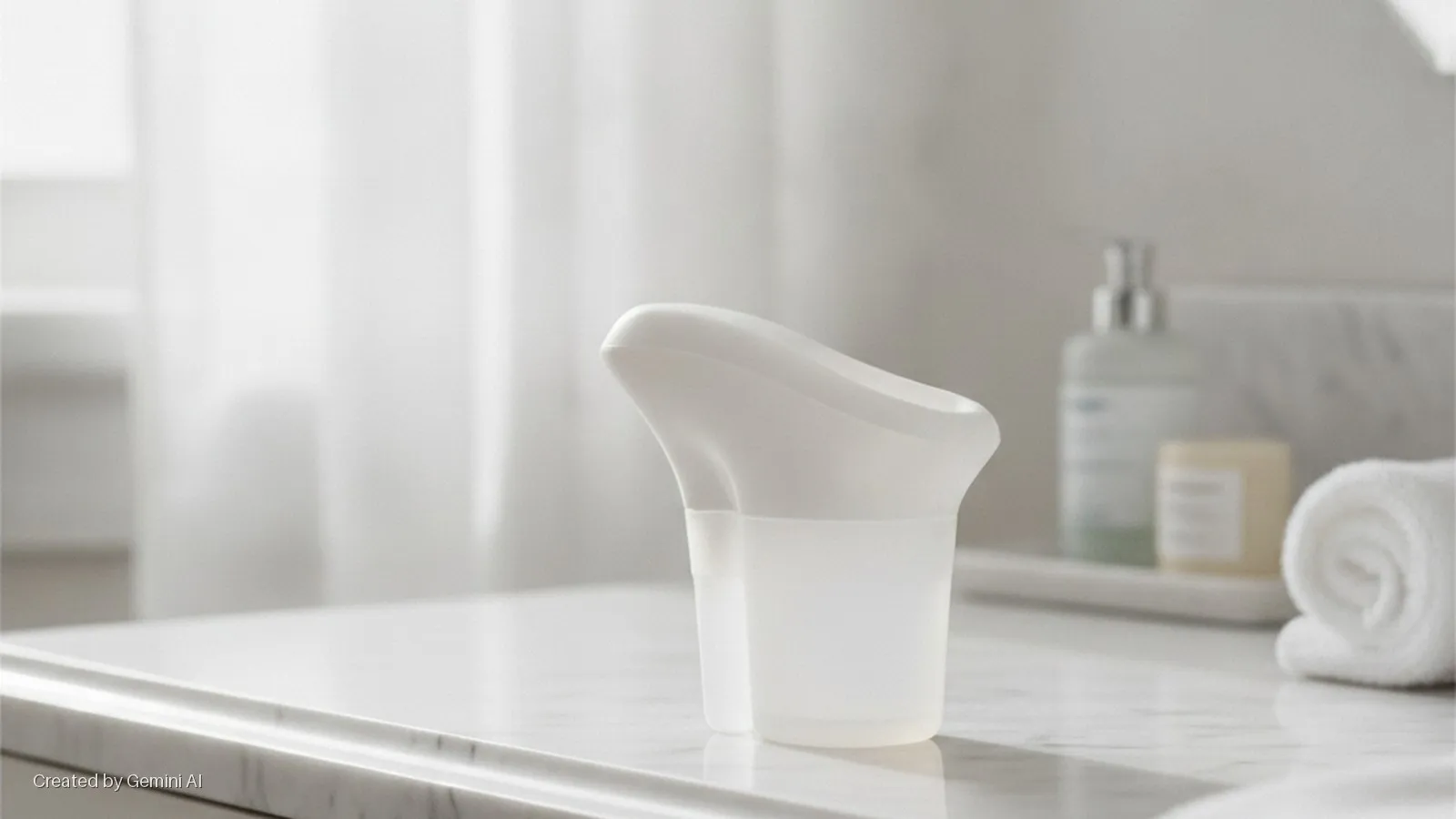 A white, translucent personal care container with a curved top sits on a reflective white marble bathroom counter, with blurred lotion bottles and a rolled white towel in soft, bright light.