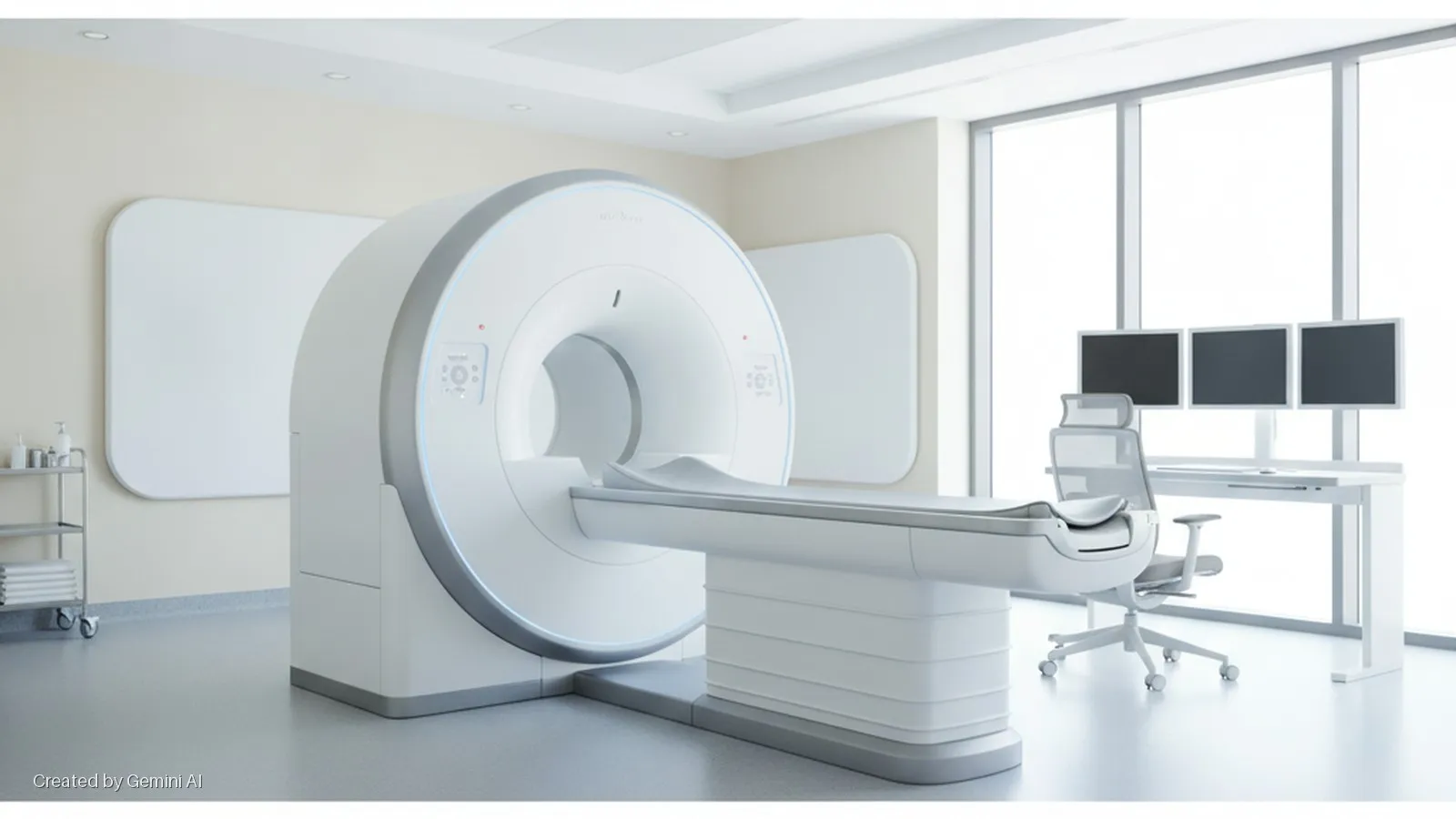 A bright, modern medical imaging room contains a large MRI machine with an attached examination table, a rolling medical cart, wall-mounted whiteboards, and a workstation with a chair, desk, and three monitors facing large windows.