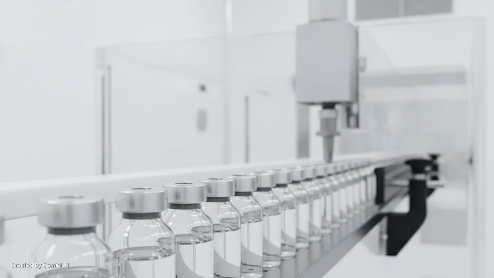 Rows of clear liquid-filled vials move along a conveyor belt in a bright, sterile manufacturing facility, with an automated filling machine in the background.