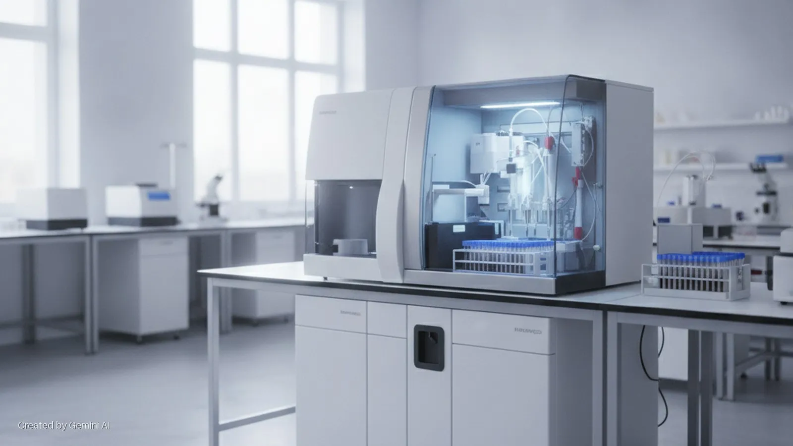 A bright, modern laboratory features a white automated analyzer with an illuminated interior displaying tubes and fluidics, alongside racks of blue-capped test tubes on white lab benches.