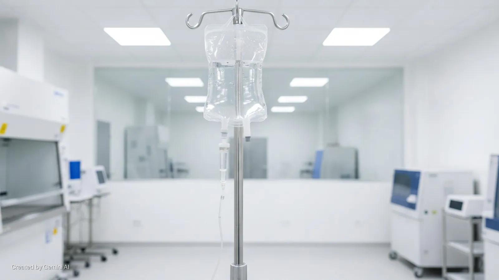 A clean, brightly lit laboratory features an IV bag on a metal stand in the foreground, with white scientific equipment and blue accents visible in the background and through a clear glass partition, all illuminated by overhead panel lights