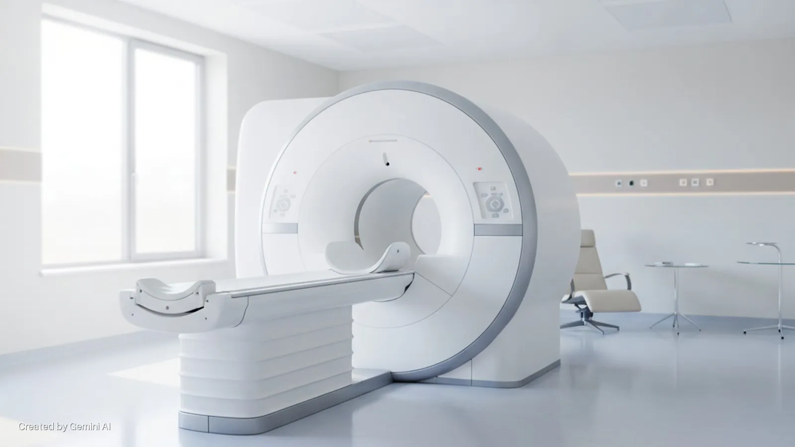 A modern, brightly lit MRI examination room features a large white MRI scanner with an extended patient table, a tall window, a light-colored armchair, and two small glass tables.