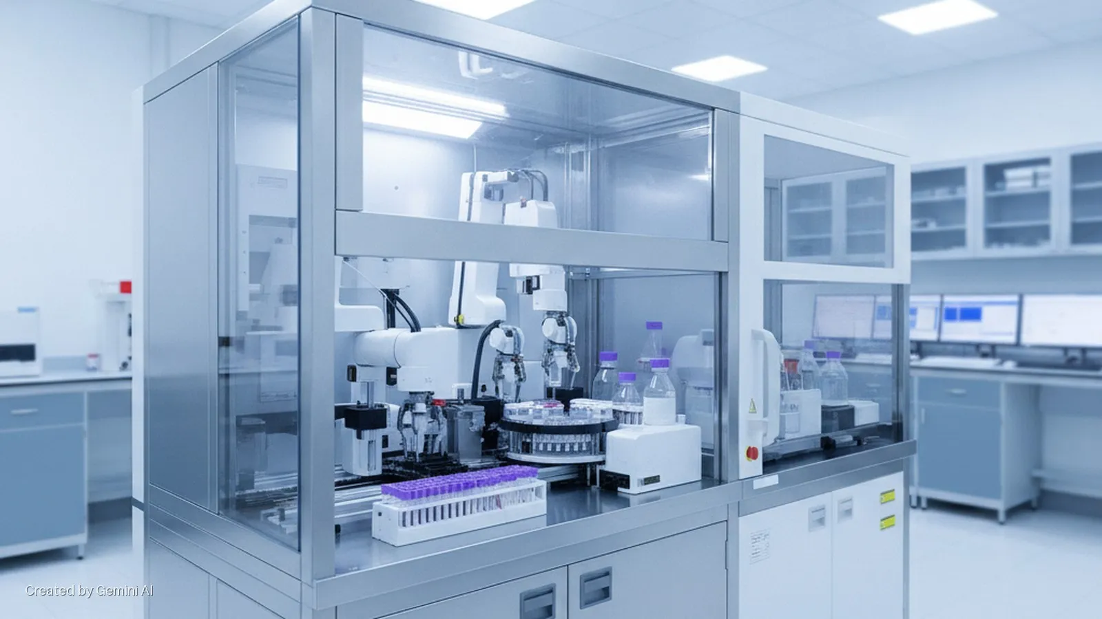 A modern, brightly lit laboratory features a glass-enclosed automated robotic workstation manipulating samples in test tubes and bottles, with multiple computer monitors and storage cabinets in the background.