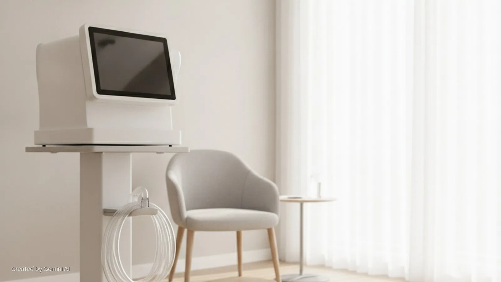 A clean, minimalist room features a white medical device with a screen and coiled tubing on a stand, a light grey upholstered chair, and a small side table, all brightly lit by natural light from a window with sheer white curtains.