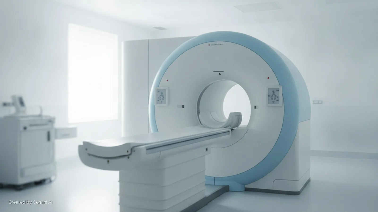 A bright, sterile medical examination room featuring a white and light blue CT scanner with an extended patient table and a large, brightly lit window.