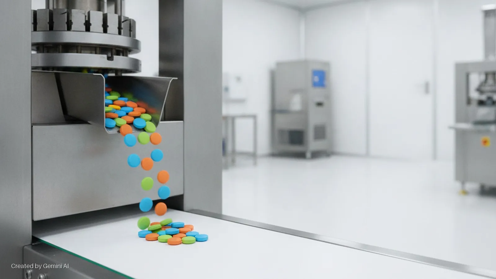 A brightly lit clean room shows a stainless steel machine dispensing colorful round pills onto a white conveyor belt, with other industrial equipment visible in the background.