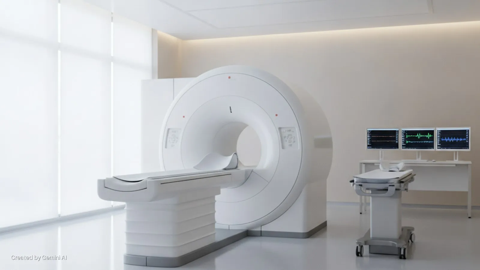 A brightly lit modern medical imaging room contains a large white MRI machine with an integrated patient table, a separate wheeled medical gurney, and a desk with three computer monitors displaying medical waveforms, all illuminated by natu