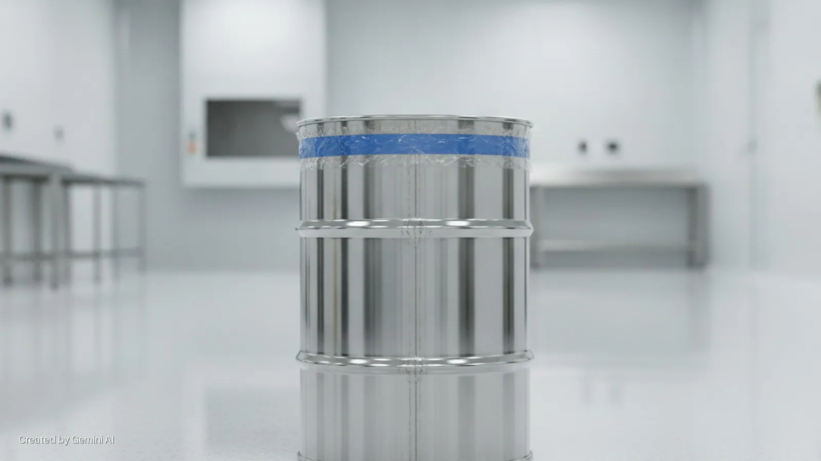 A shiny silver barrel with a blue taped top covered in clear plastic wrap is centered on a light floor in a brightly lit clean room, with blurred metal tables and a wall-mounted screen in the background.