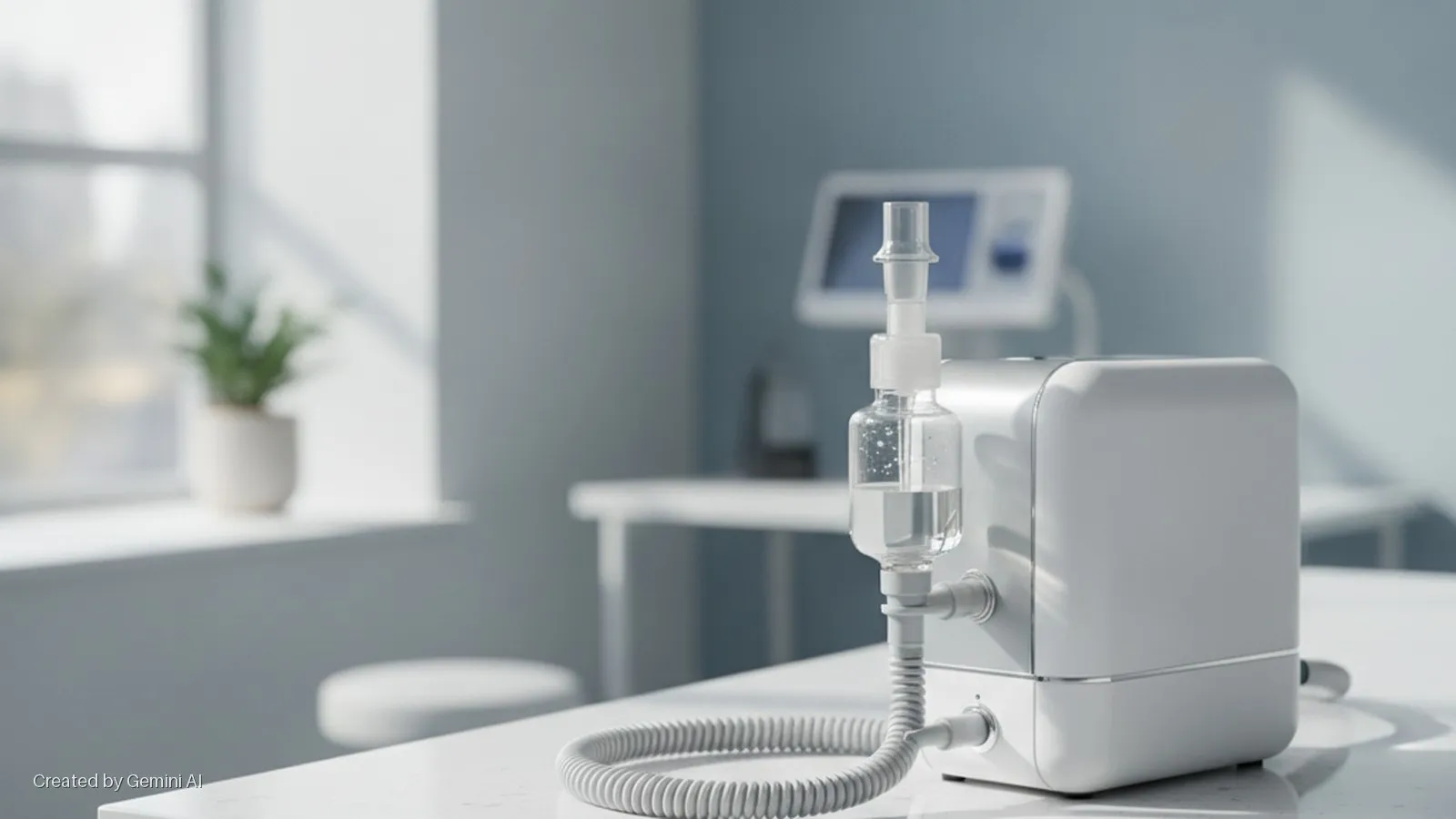 A white respiratory humidifier with a clear water bottle and corrugated tube rests on a white table in a brightly lit room, featuring a blurred window with a potted plant and a monitor in the background.