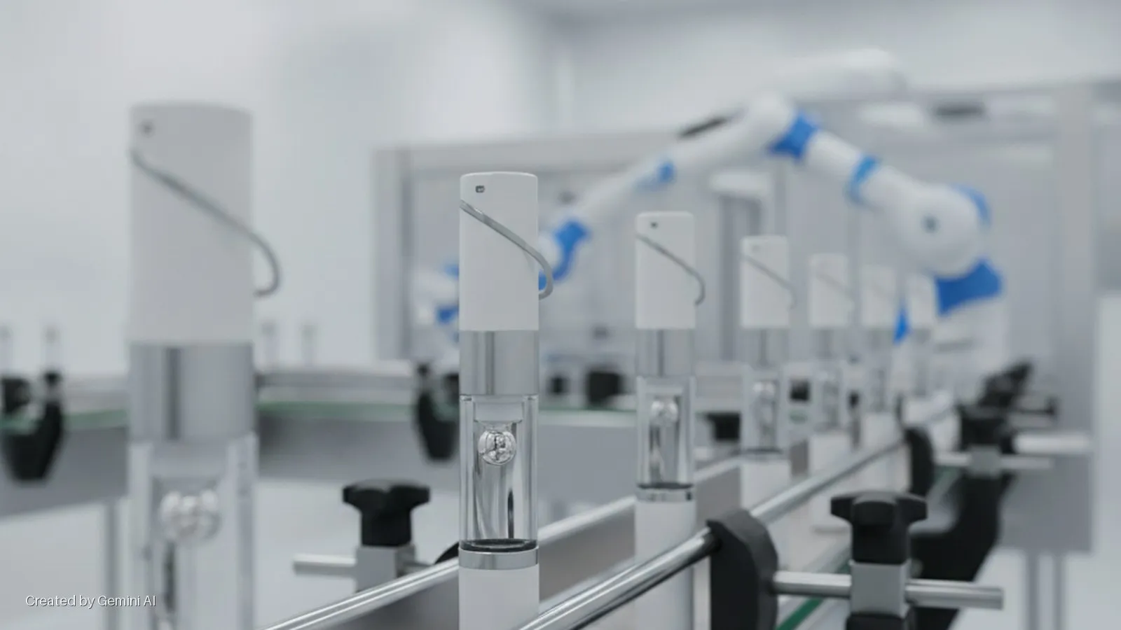 Cylindrical white and silver devices with clear sections showing internal spherical components move on a conveyor belt in a brightly lit, sterile automated facility, with a white and blue robotic arm in the background.