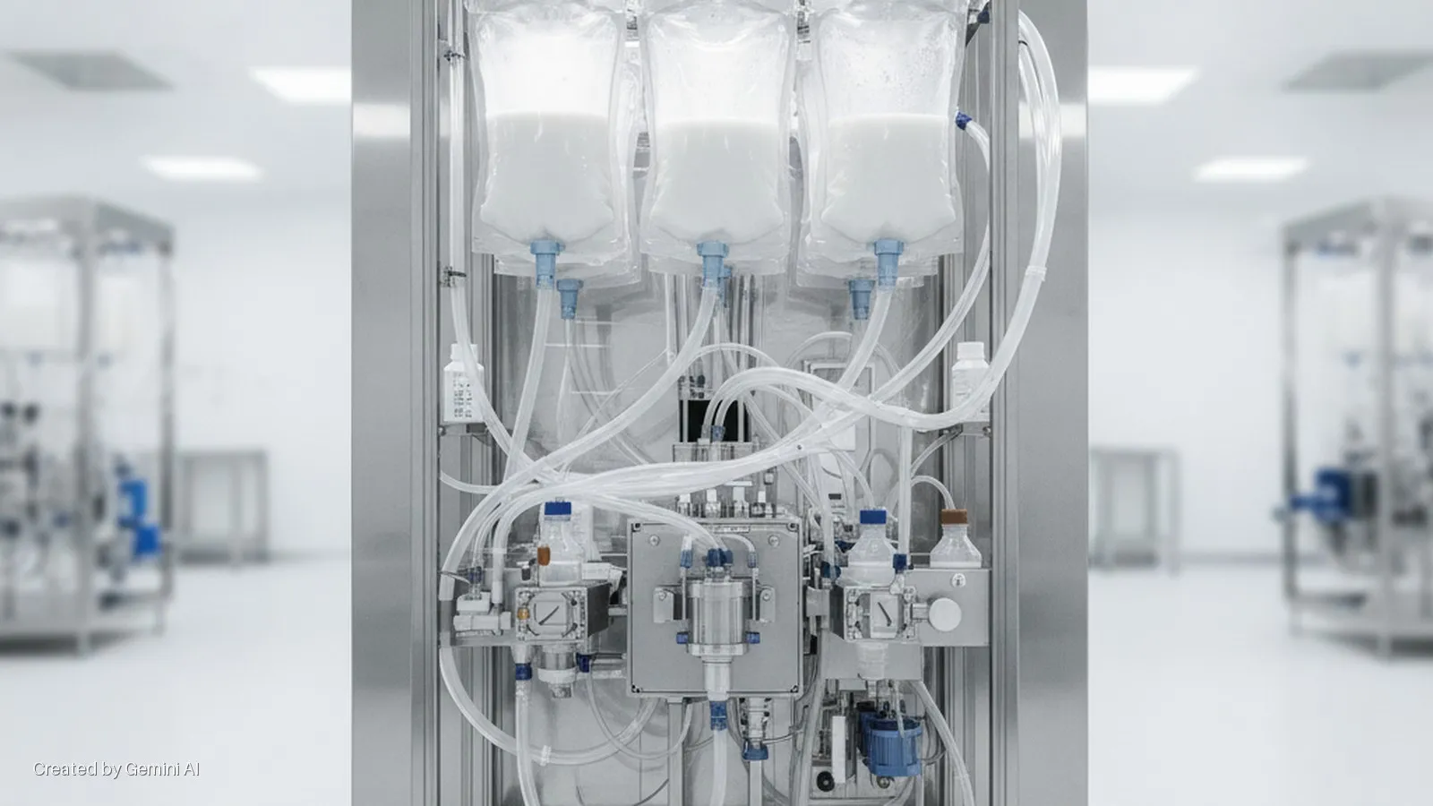 A bioprocessing system with three clear bags of white liquid, intricate tubing, bottles, and metallic components stands in a brightly lit, sterile cleanroom.