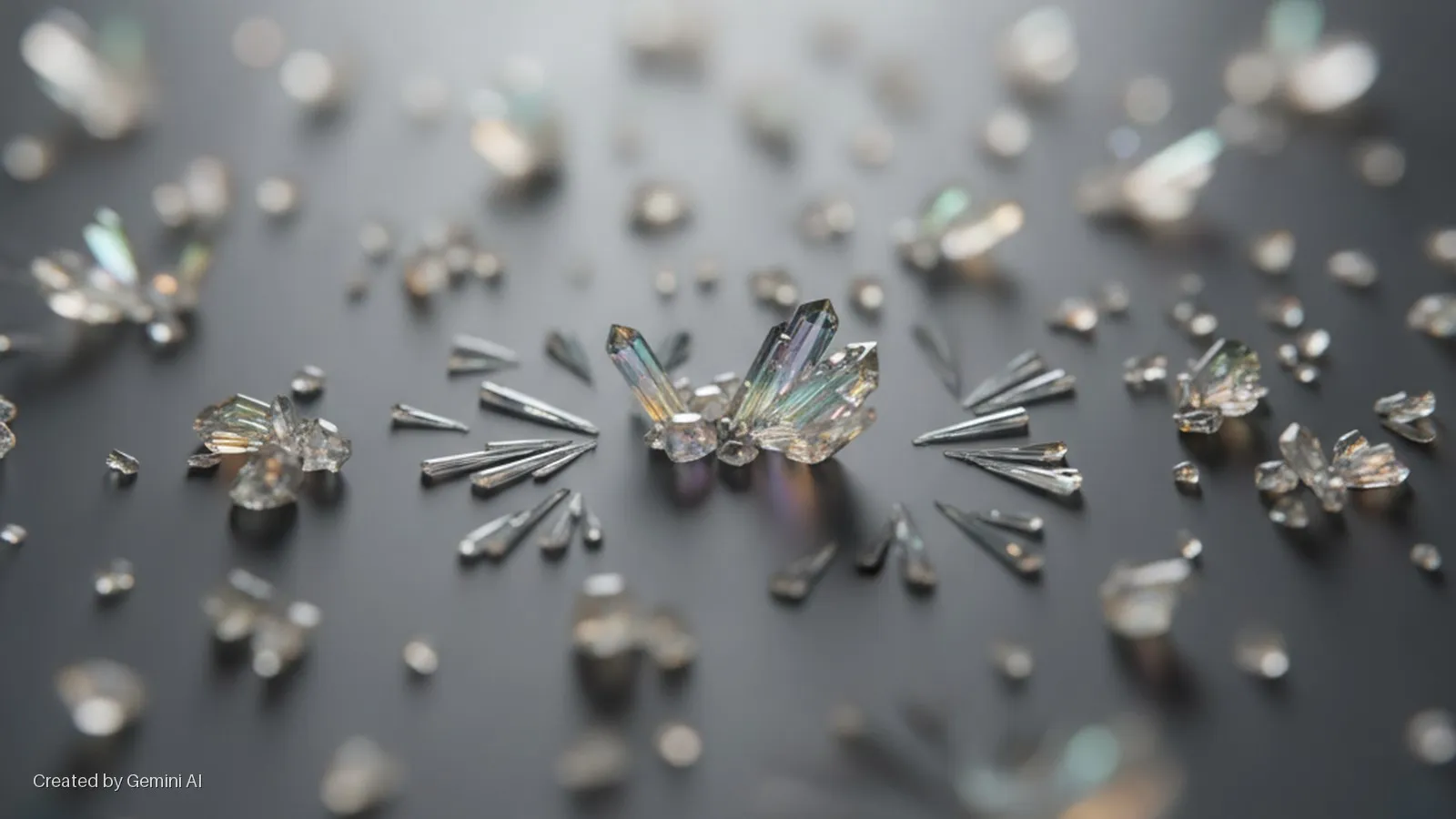 A central cluster of iridescent crystals is surrounded by scattered smaller clear crystals and pointed reflective shards on a dark, polished surface.