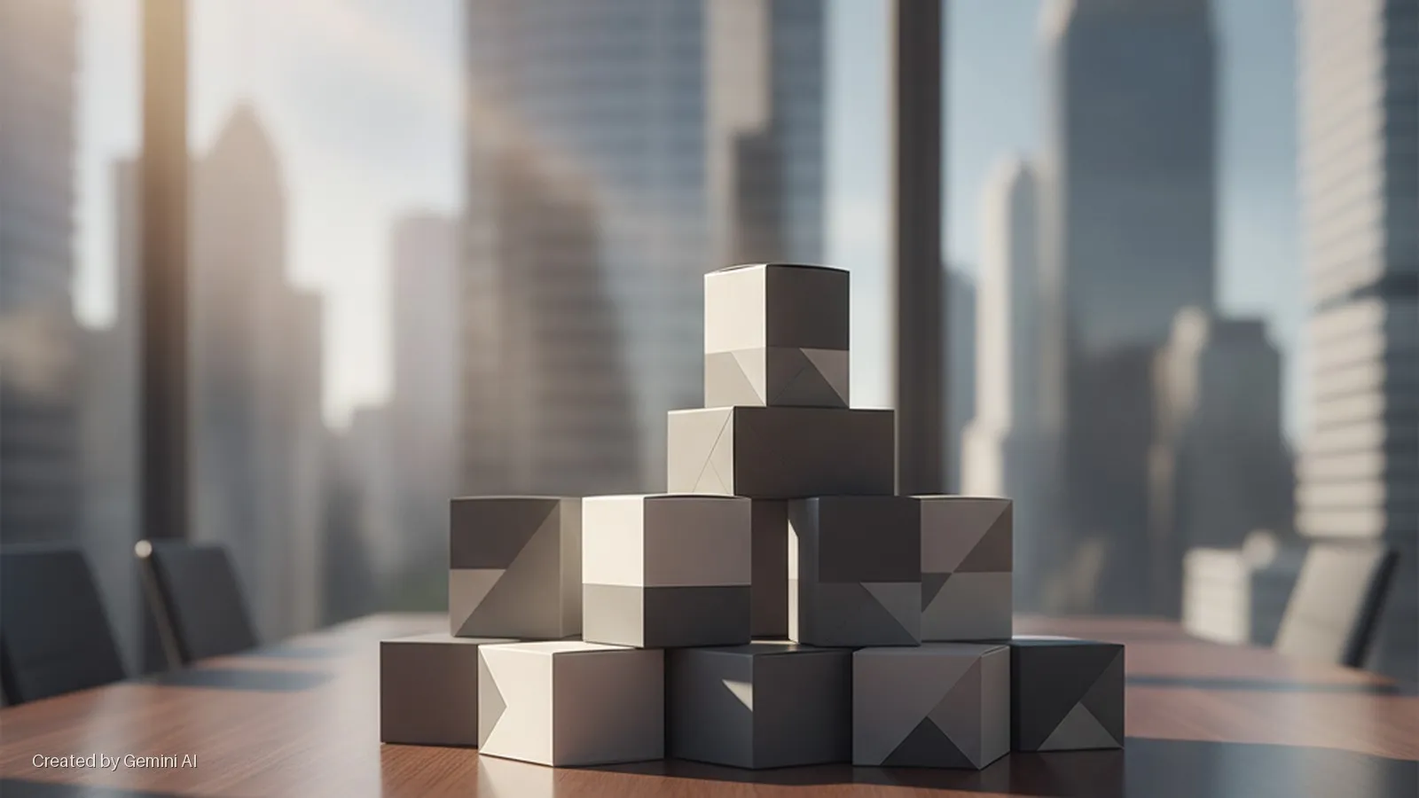 A pyramid of minimalist white and dark grey boxes sits on a polished wooden conference table in a sunlit office, with blurred city skyscrapers visible through large windows in the background.
