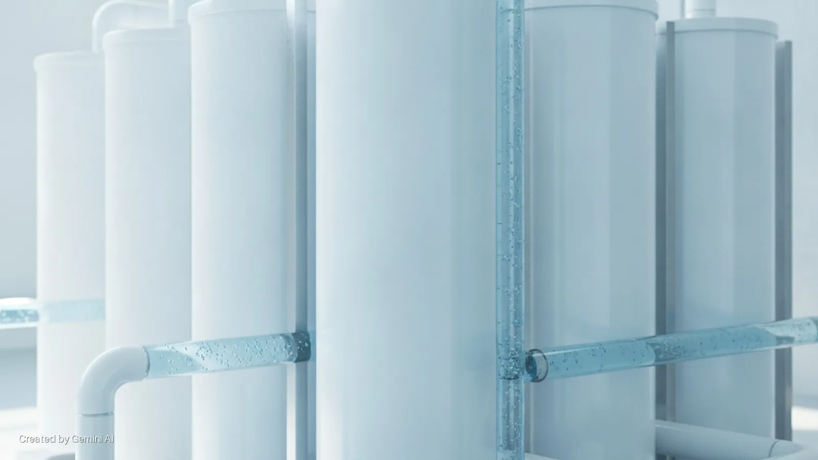 White cylindrical tanks connected by transparent pipes filled with bubbly blue liquid, in a brightly lit and clean environment.