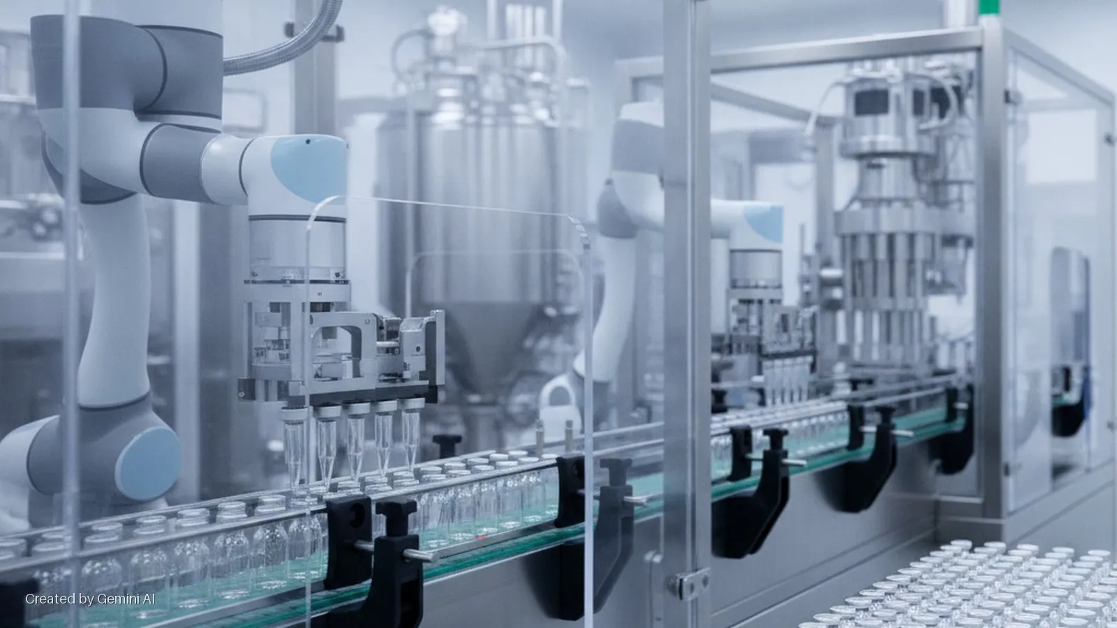 A robotic arm and automated machinery process clear glass vials on a conveyor belt in a bright, sterile manufacturing facility.