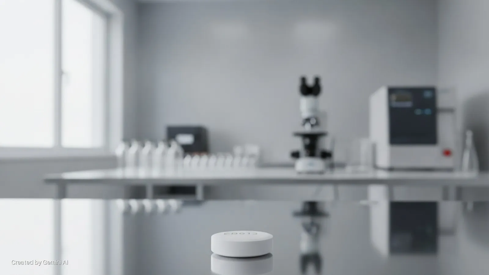 A white pill labeled "CBG13" rests on a reflective lab counter in a brightly lit laboratory, with a blurred microscope, vials, and other scientific equipment visible in the background.