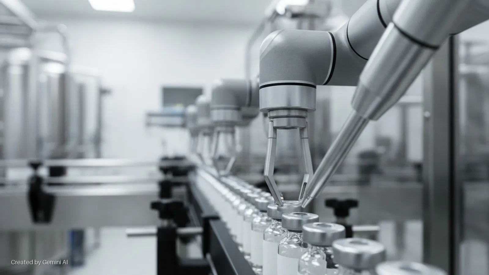 Robotic arms handle clear vials with silver caps moving on a conveyor belt in a brightly lit, sterile manufacturing facility.
