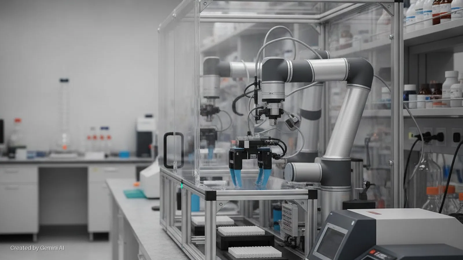 A robotic arm inside a clear enclosure operates on white sample plates on a conveyor in a bright laboratory with scientific glassware and equipment.