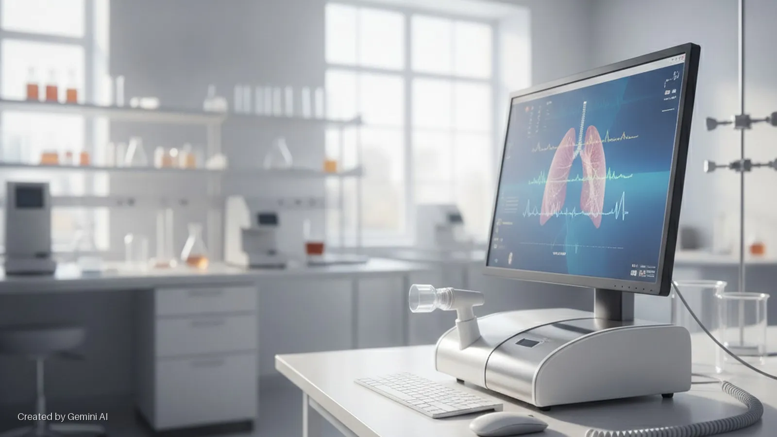 A bright, modern medical laboratory features a desk with a computer monitor displaying lungs and respiratory waveforms, a spirometer, keyboard, and mouse, with shelves of lab equipment and glassware in the background illuminated by natural 