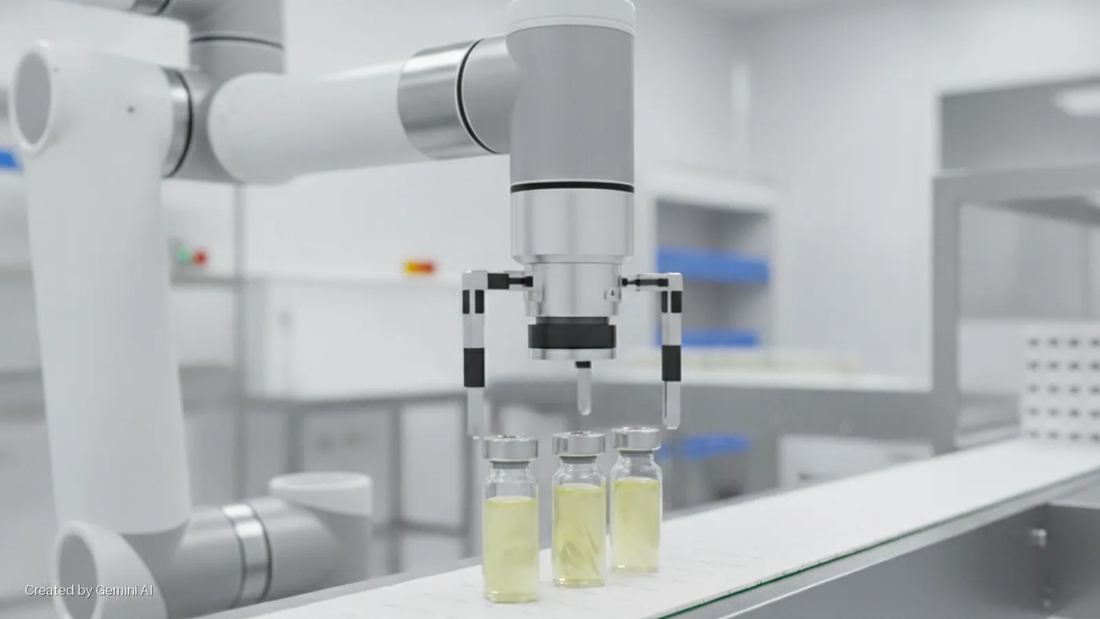 A robotic arm with a dispenser is poised above three glass vials containing yellow liquid on a conveyor belt in a brightly lit, sterile laboratory.