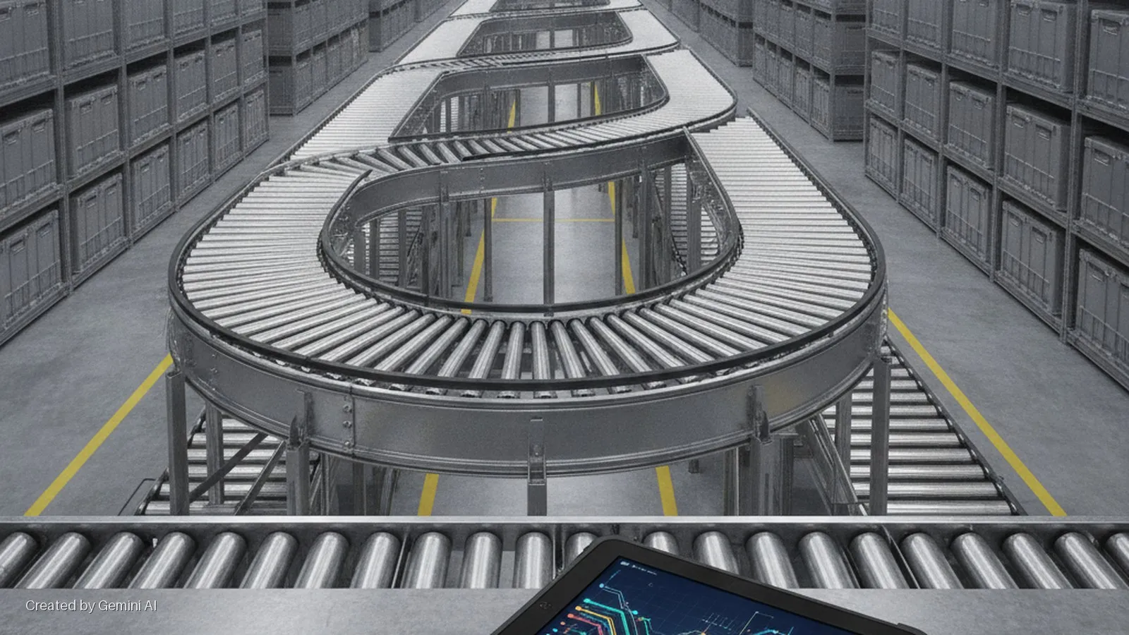 Brightly lit warehouse scene with multiple winding roller conveyor belts, rows of grey storage crates on shelves, and a tablet showing data charts in the foreground.