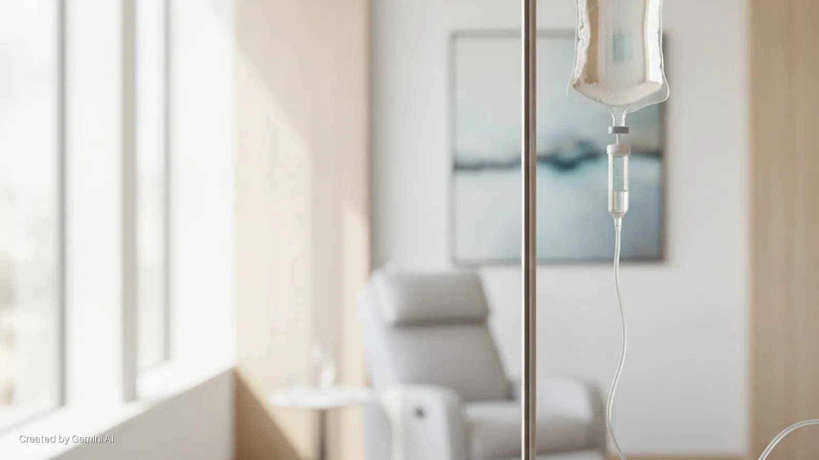 An IV drip hangs from a metal stand in a brightly lit medical room with a large window, a reclining chair, and abstract artwork in the soft-focused background.