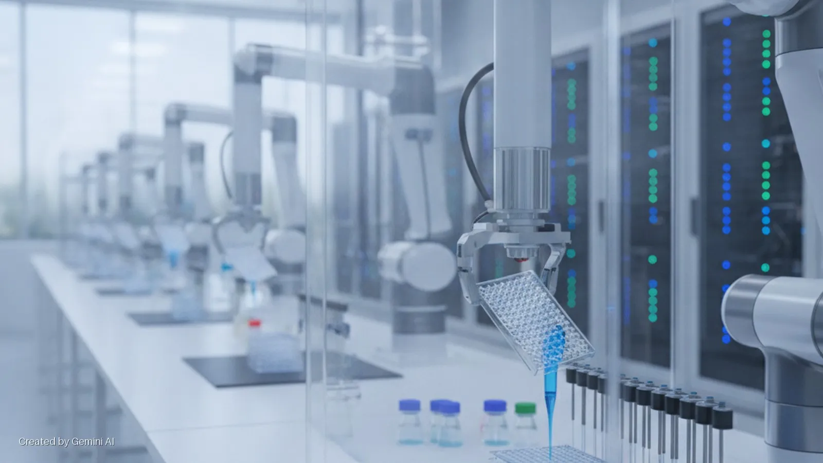 A robotic arm precisely dispenses blue liquid from a microplate into a well, set in a brightly lit, automated laboratory with multiple robotic stations and server racks displaying glowing lights in the background.
