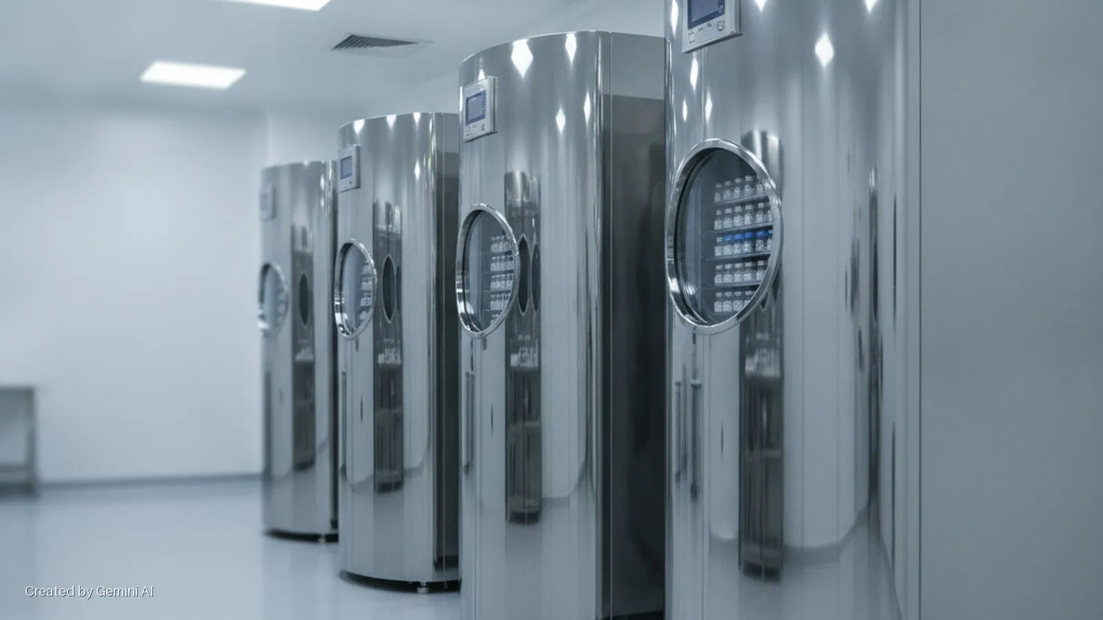A row of reflective, cylindrical cryogenic storage units, each with a digital display and a circular window revealing shelves of vials, stands in a brightly lit, sterile laboratory.