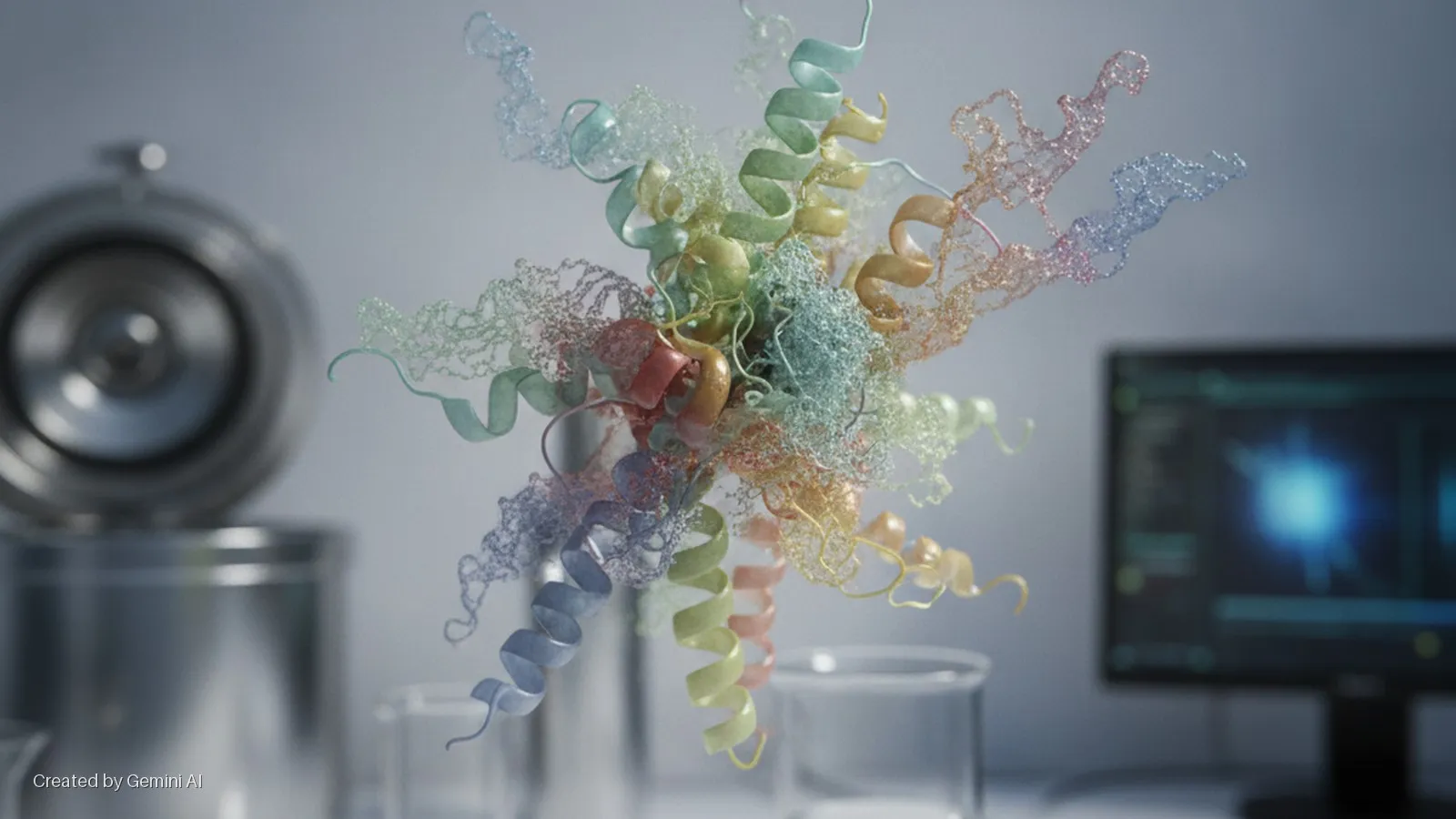 A brightly lit laboratory displays a vibrant, multi-colored molecular structure composed of helices and mesh-like elements floating above glass beakers, with a metallic centrifuge and a glowing computer monitor blurred in the background.
