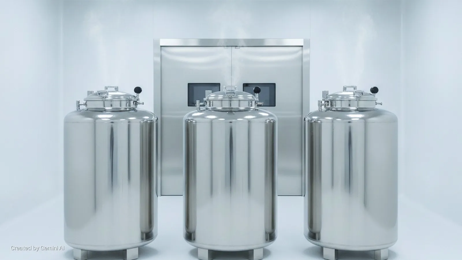 Three bright, shiny metallic cryogenic tanks emit vapor from their tops in a sterile white room with a reflective metal door featuring two dark windows in the background.