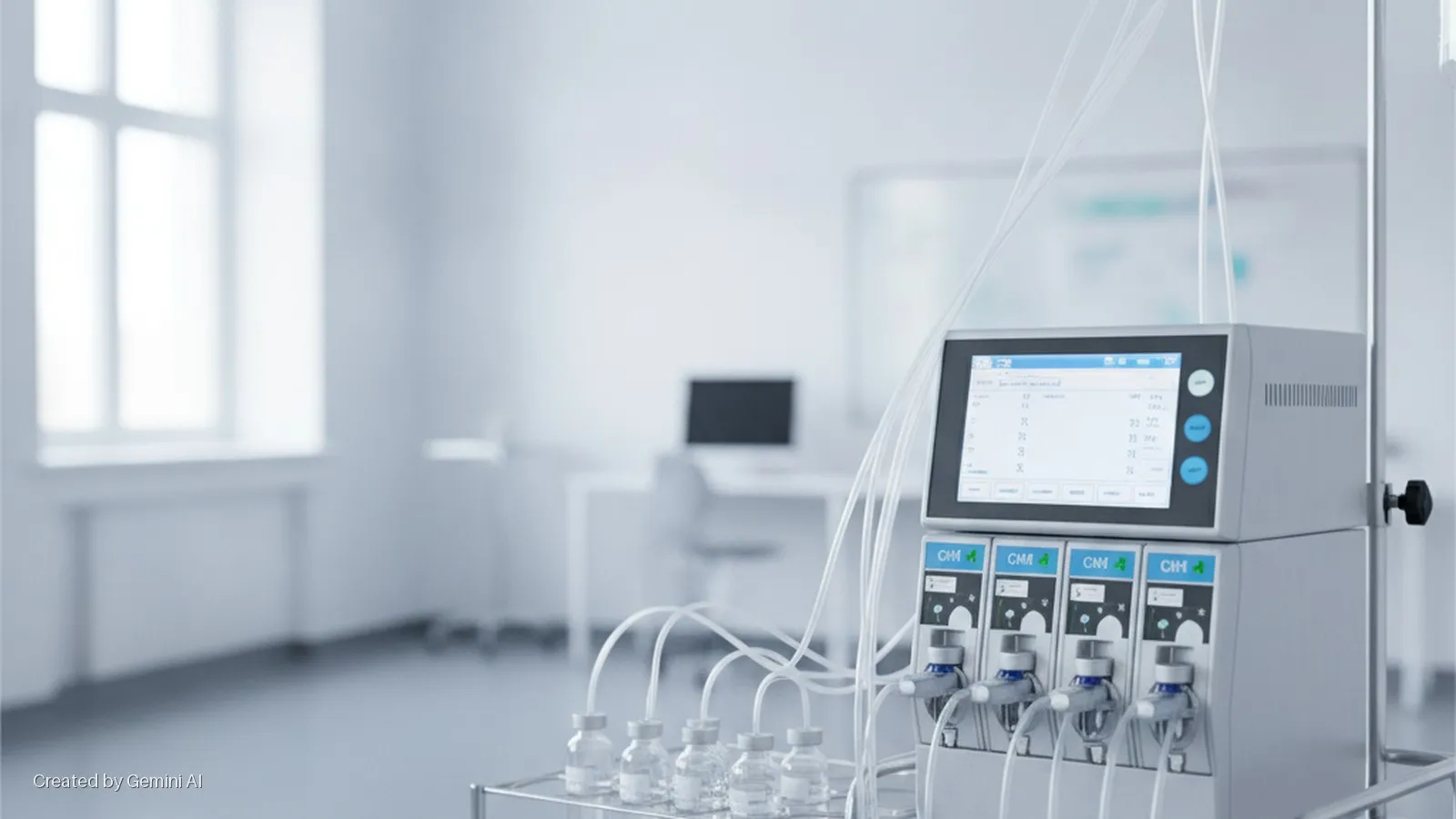 A multi-channel medical infusion system with bottles and tubing stands in a brightly lit, clean room with a blurred window and desk in the background.