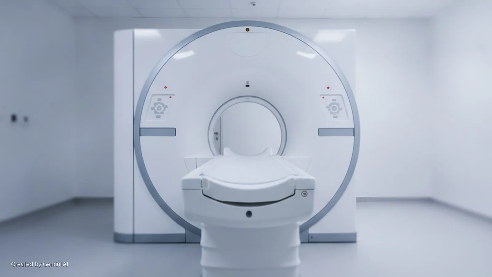 Brightly lit clinical room with a white MRI machine and its patient table in the center.