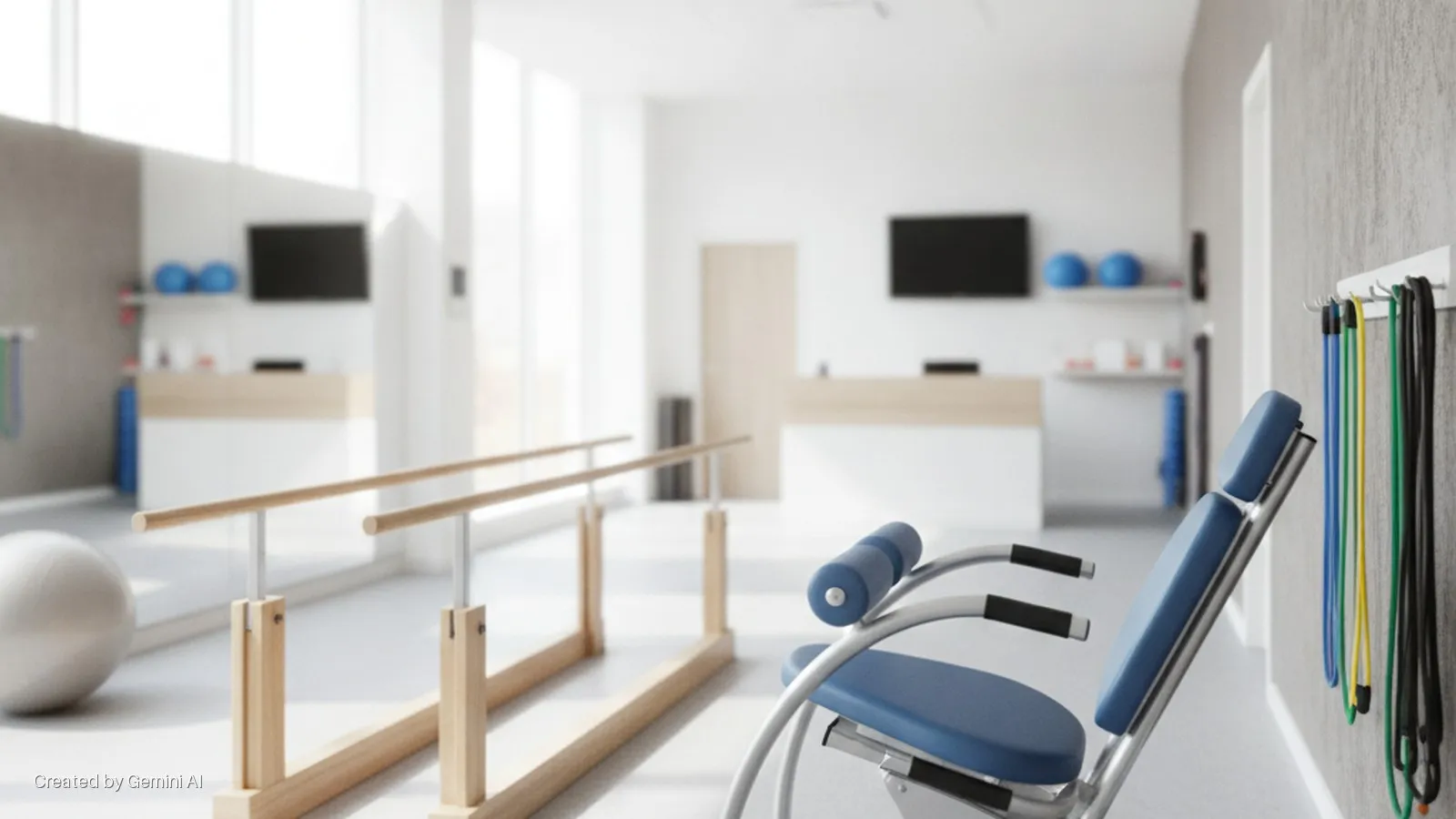 A brightly lit physical therapy gym features wooden parallel bars, a white exercise ball, blue padded exercise equipment, and colorful resistance bands hanging on a textured wall.
