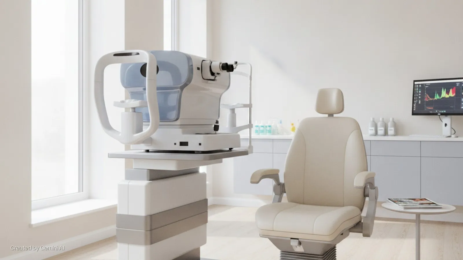 A brightly lit optometry examination room features an ophthalmic testing machine, a beige patient chair, a computer monitor displaying diagnostic graphs, and a small table with magazines, all under natural light from a window.