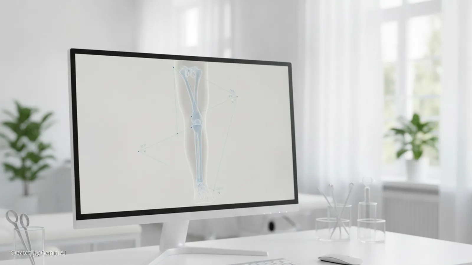 A bright office desk features a white monitor displaying a skeletal diagram of a human leg with measurements, alongside medical tools, scissors, and potted plants, all illuminated by natural light from large windows with white curtains.