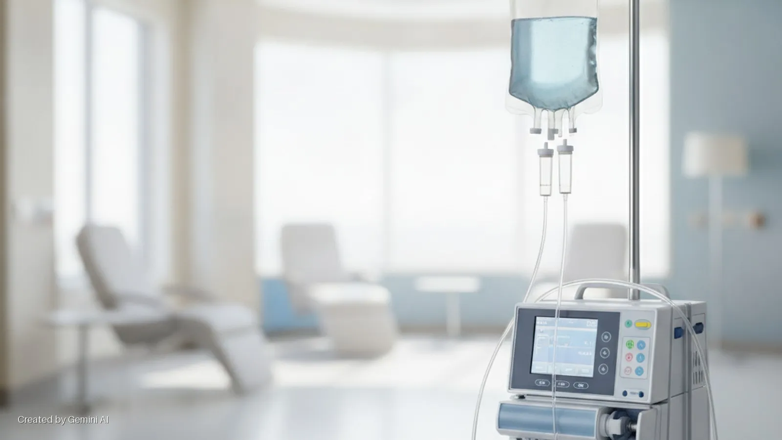 An IV bag hanging from a stand and an infusion pump are in focus in a brightly lit medical room with blurred treatment chairs and large windows in the background.