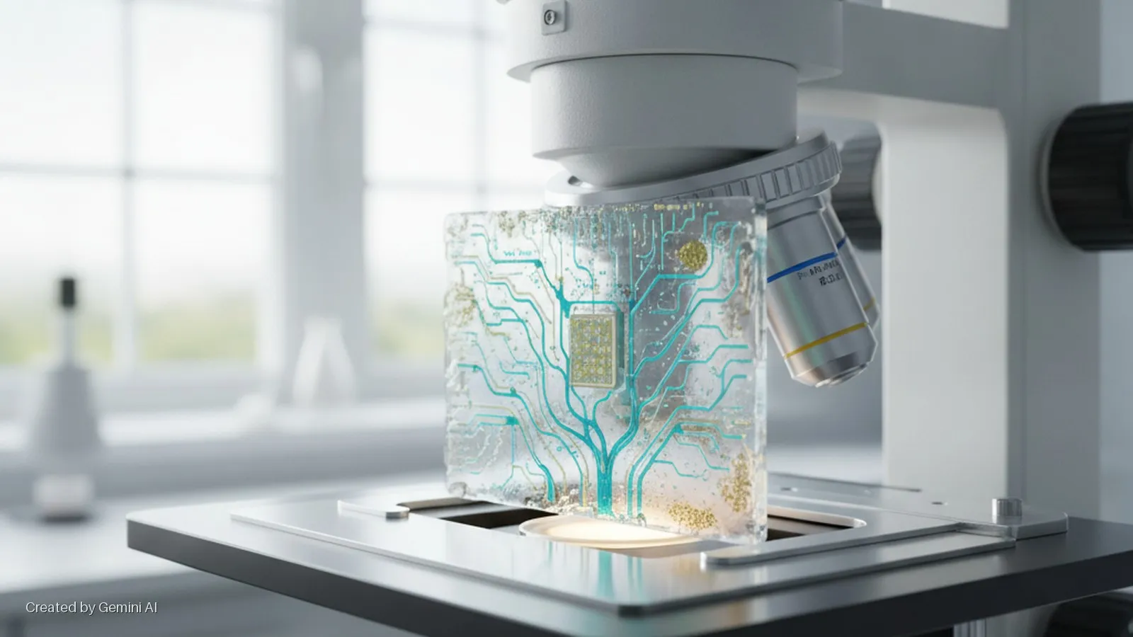 A white laboratory microscope inspects a clear rectangular block embedded with a blue circuit design and golden particles, brightly lit by natural light from a window in a blurred lab setting.
