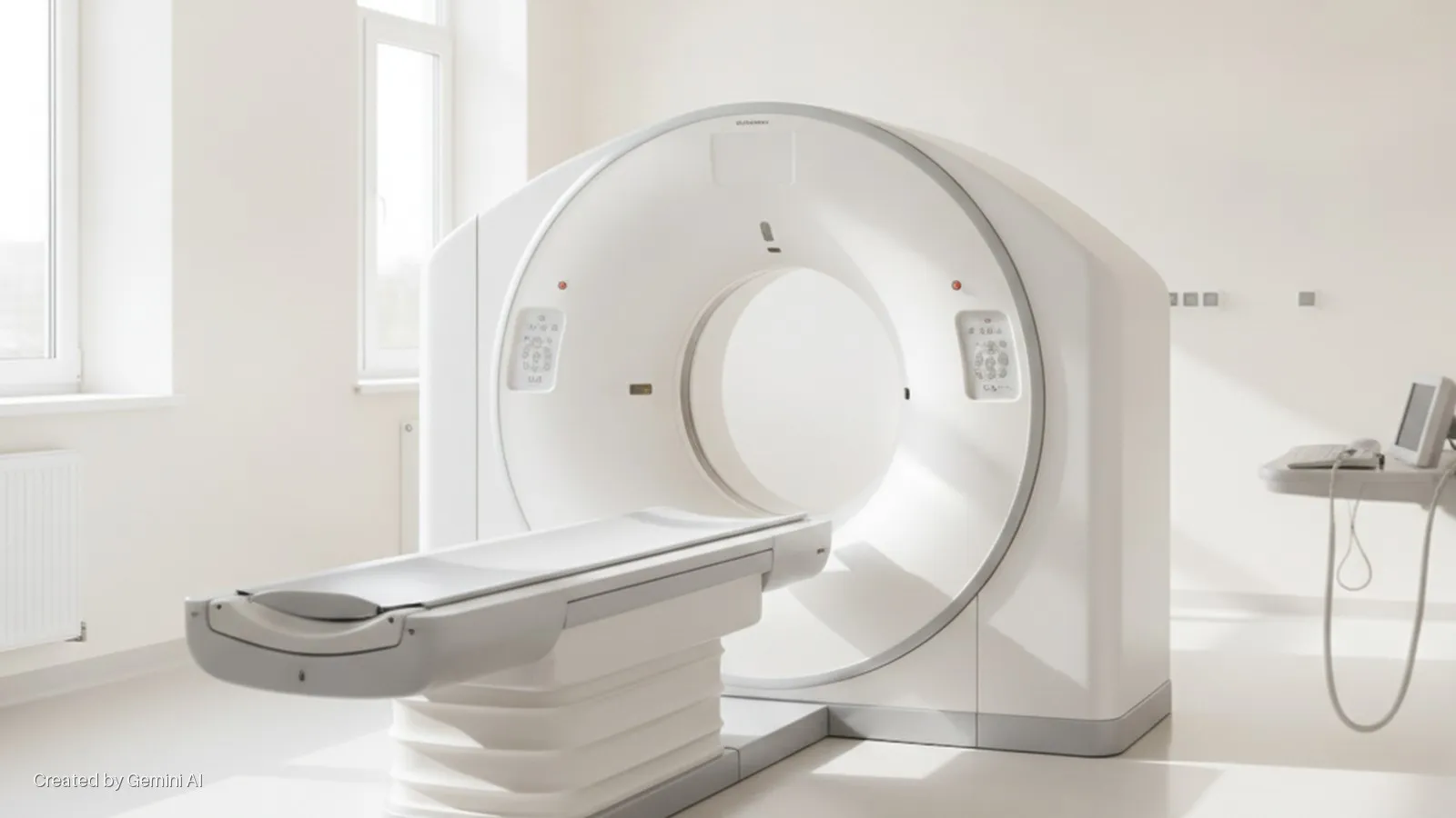 A modern, bright medical imaging room contains a white CT scanner with an adjustable patient table, illuminated by natural light from windows, and a wall-mounted computer workstation on the right.