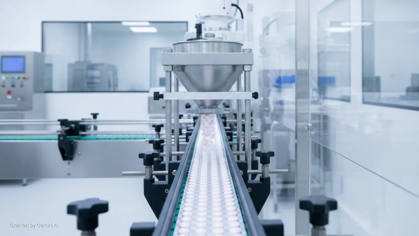 Pills are being dispensed from a metal funnel onto a conveyor belt in a brightly lit pharmaceutical manufacturing facility, surrounded by machinery and clear protective screens.