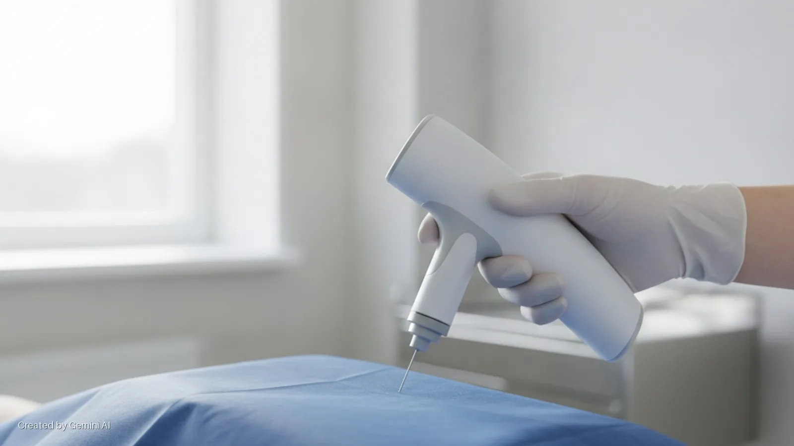 A gloved hand holds a white medical device with a needle positioned over a blue-draped patient in a brightly lit clinic room with a window.