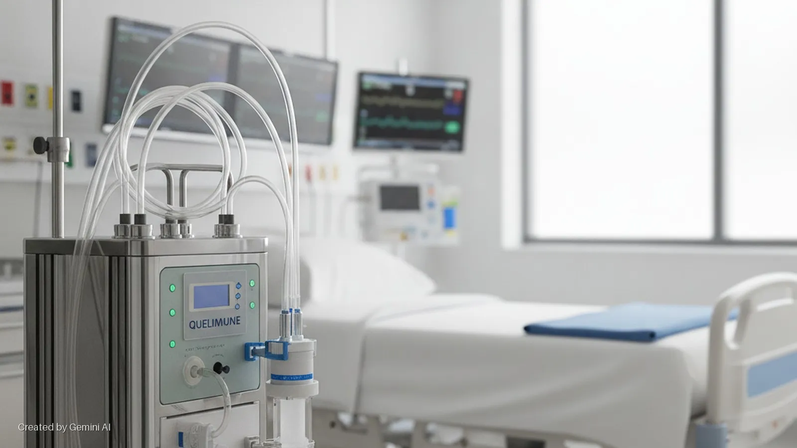 A stainless steel QUELIMUNE medical device with clear tubing stands in the foreground of a brightly lit hospital room, featuring a bed, medical monitors, and a large window in the background.