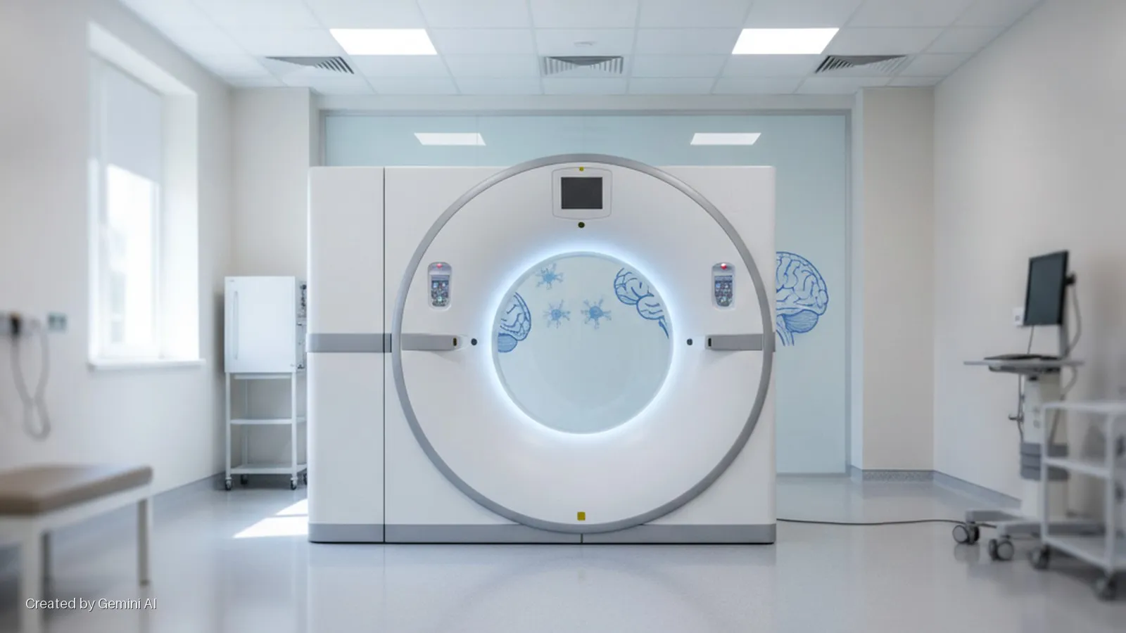 A brightly lit, clean medical examination room features a large CT scanner with blue brain and neuron illustrations on its glowing gantry, a computer monitor on a rolling cart, a medical bench, and a window.